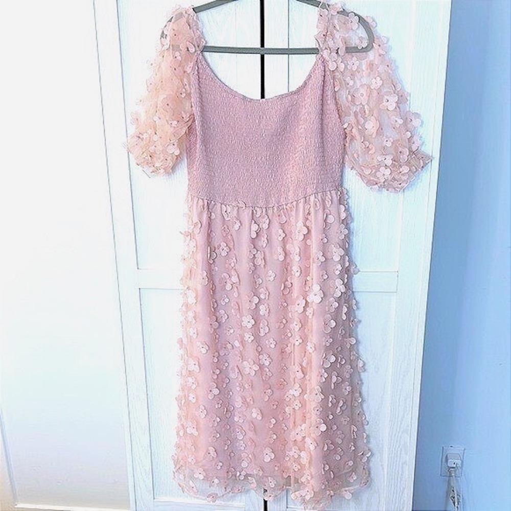 JJ's House Pink Chiffon Smocked A-Line Dress with Sparkling‎ Floral Accents 10